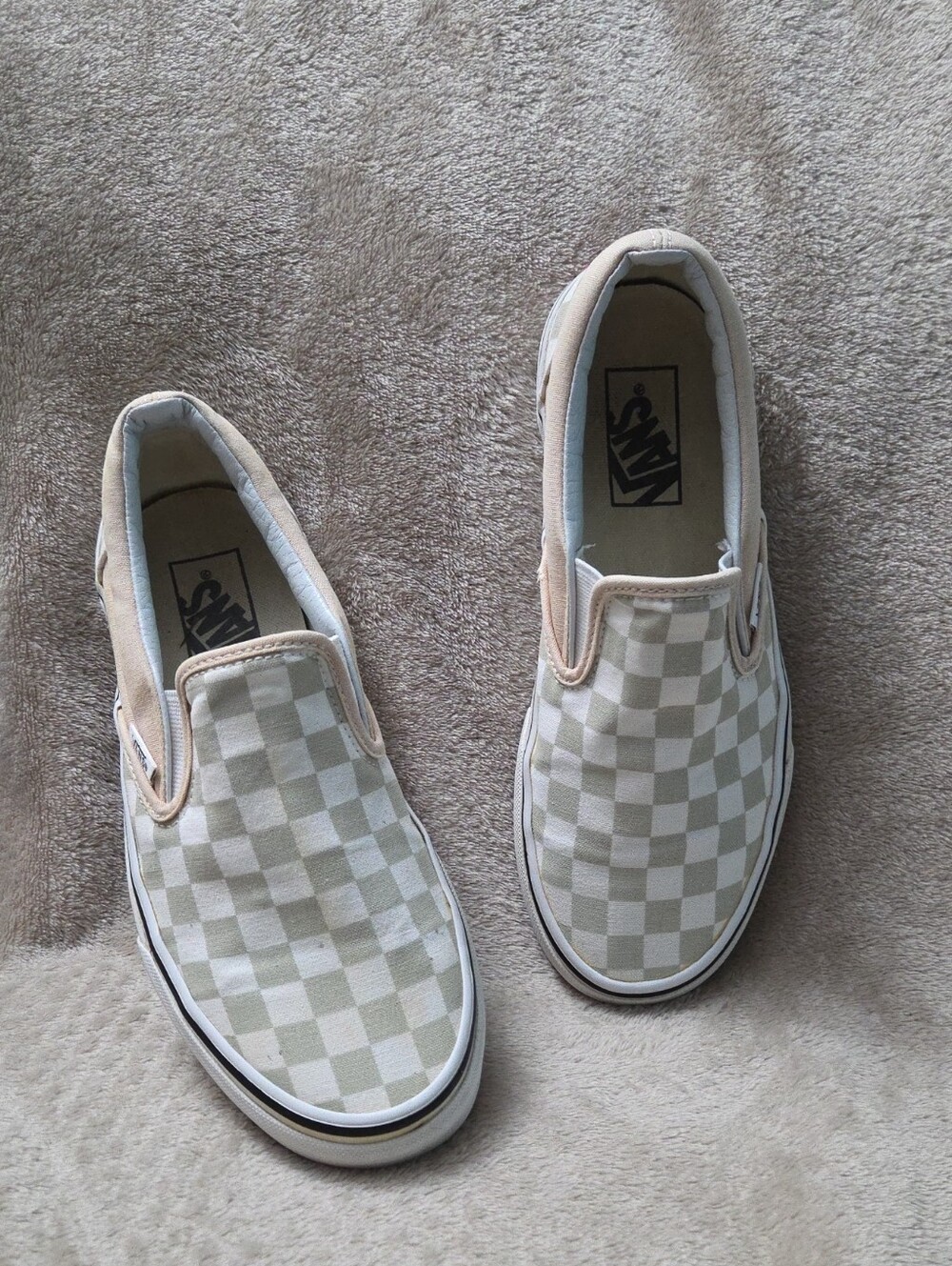 Vans Slip-On Checkerboard Sneakers โ Beige & White